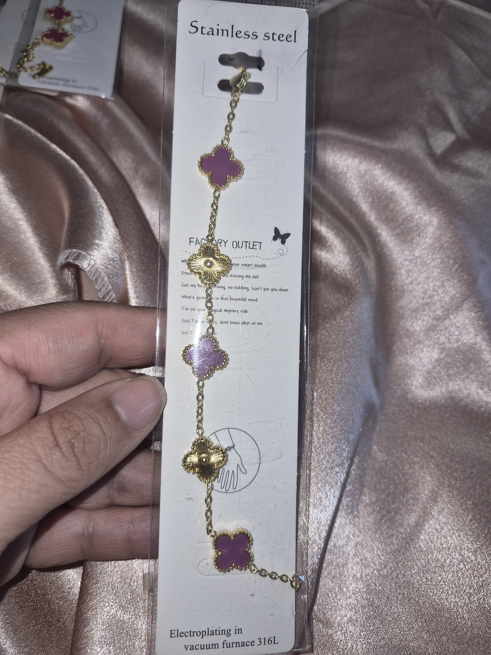 Gold-Plated Stainless Steel Bracelet with Pink Clover Accents